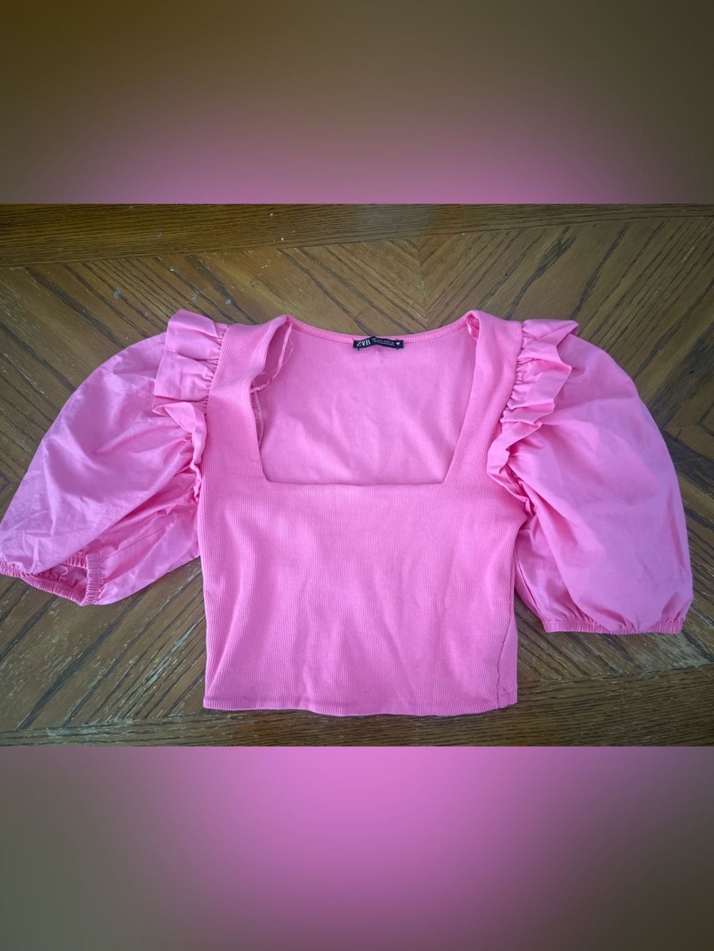 Zara Pink Puff Sleeve Square Neck Top